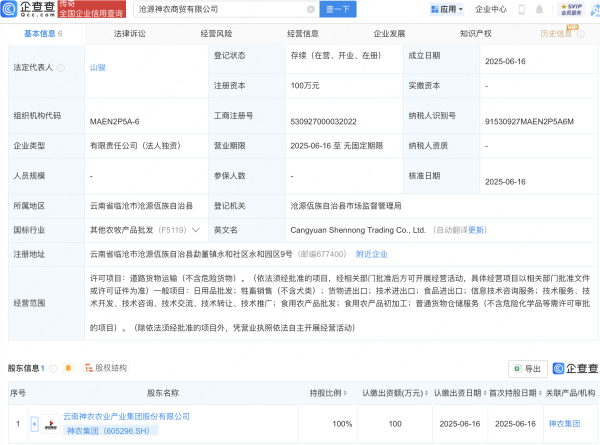 金元速配  神农集团成立新公司，含食品进出口业务